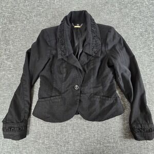 Bebe Womens Black Wool Blend Ruffle Collar Single Button Blazer Jacket Size 10